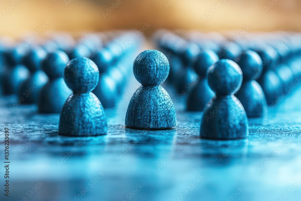 Poster blue wooden figures standing in a row symbolizing teamwork and collaboration in a creative workspace