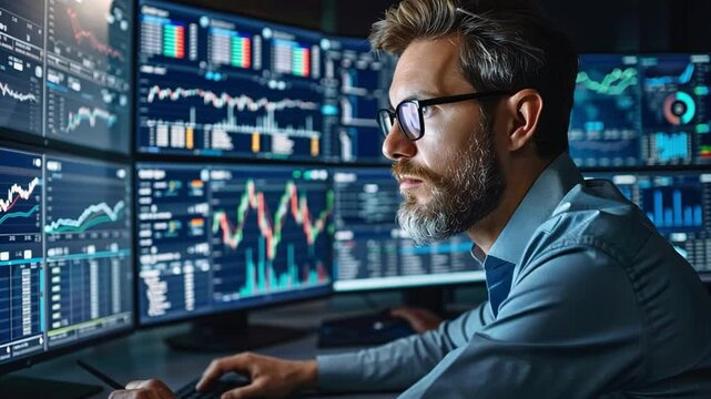 In a modern office, a data analyst focused intently on several screens displaying complex graphs and statistics
