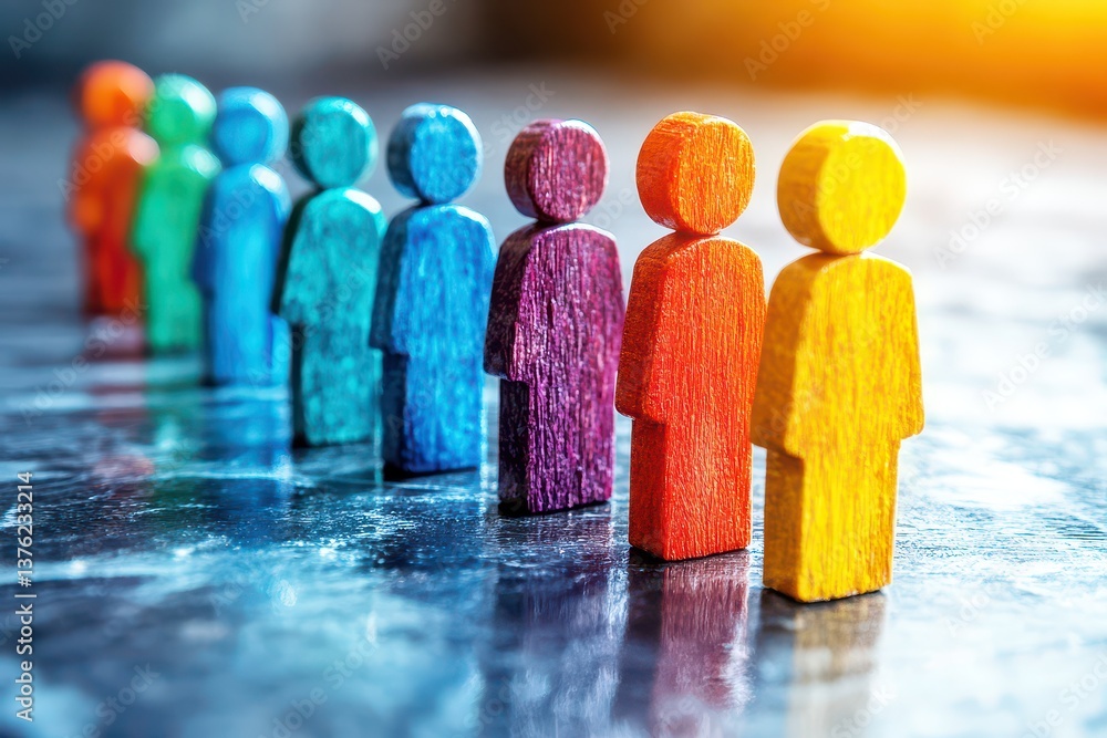 Poster colorful wooden figures standing in a row on a reflective surface with a warm light creating a vibra