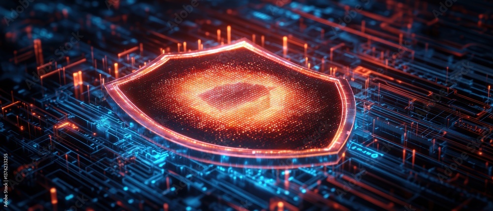 Poster a glowing digital shield emblem rests on a complex illuminated circuit board representing the import