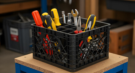 Organized tool storage solution with milk crate for efficiency and accessibility