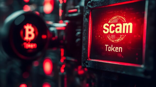 Digital screen with red glowing text reading scam token, concept of cryptocurrency fraud, token scams, and blockchain security threats.