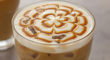 Iced Caramel Macchiato delight with Creamy Swirls and a Glazed Surface allure