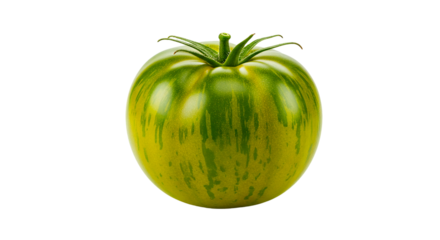 Close up of a green zebra tomato with yellow stripes on a black background in studio lighting