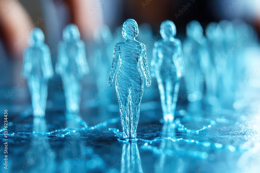 Poster conceptual illustration of connectivity and human interaction represented by transparent figures on 