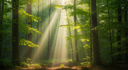 Naklejka premium Sunlight Filtering Through Green Forest Trees 