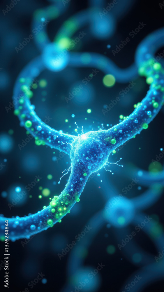 Poster this is an artistic digital illustration featuring a detailed representation of a neuron with a glow
