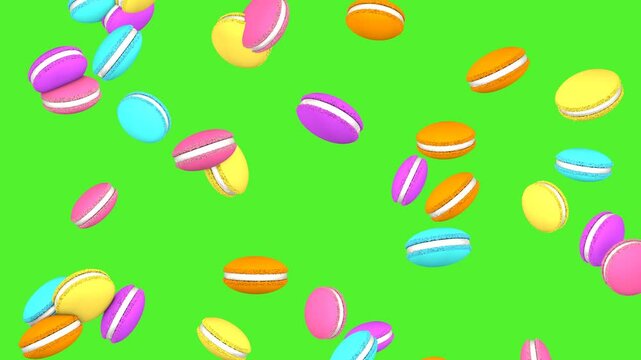 Rain of colorful macaroons on green screen. 3D animation of French sweets.