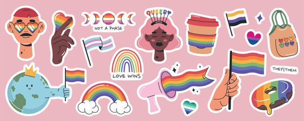 Fototapeta premium LGBTQ stickers set. Flat hand drawn elements for Pride Month. Rainbow, hearts, flags, coffee cup, donut. Isolated vector illustrations 