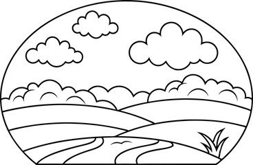 Countryside Scenery with Hills and Clouds Outline Art in a on White Background