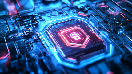 a digital padlock is highlighted on the motherboard, emphasizing cybersecurity. The neon glowing outlines enhance the high-tech look.
