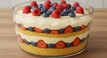 Delicious layered trifle dessert with fresh berries and creamy topping showcased beautifully