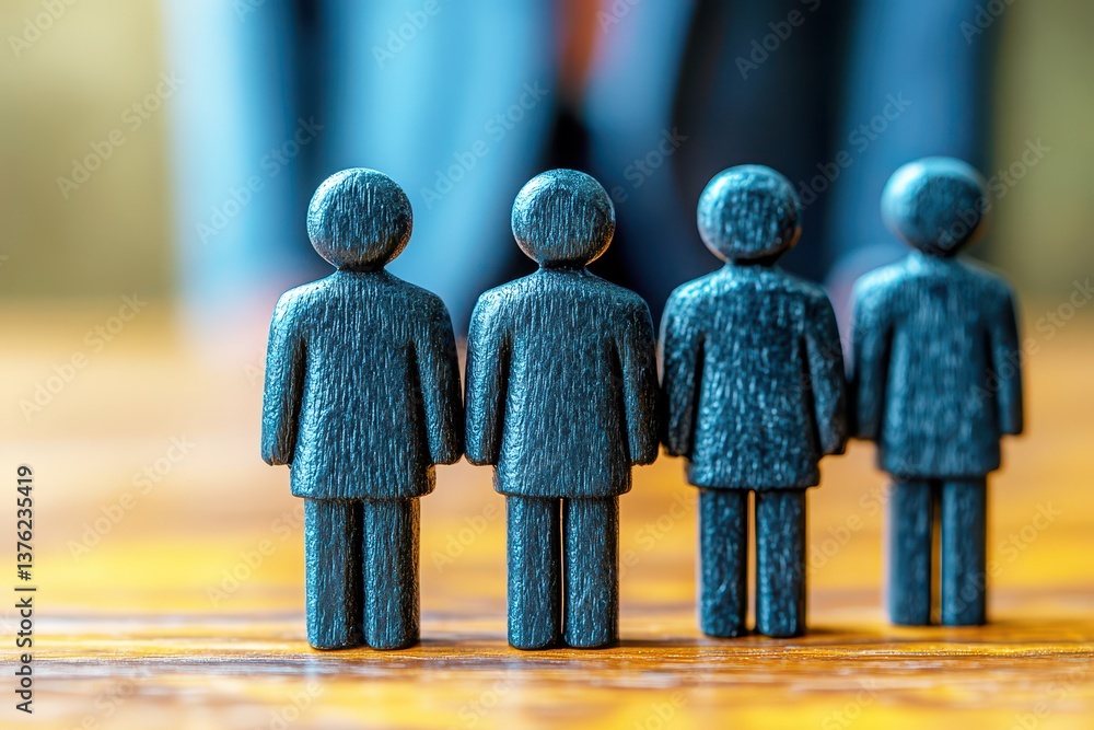 Poster group of wooden figurines representing business teamwork and collaboration in professional setting w