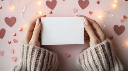 Obraz premium Valentine’s Day greeting card mockup with a blank white card in a romantic setting with soft hues