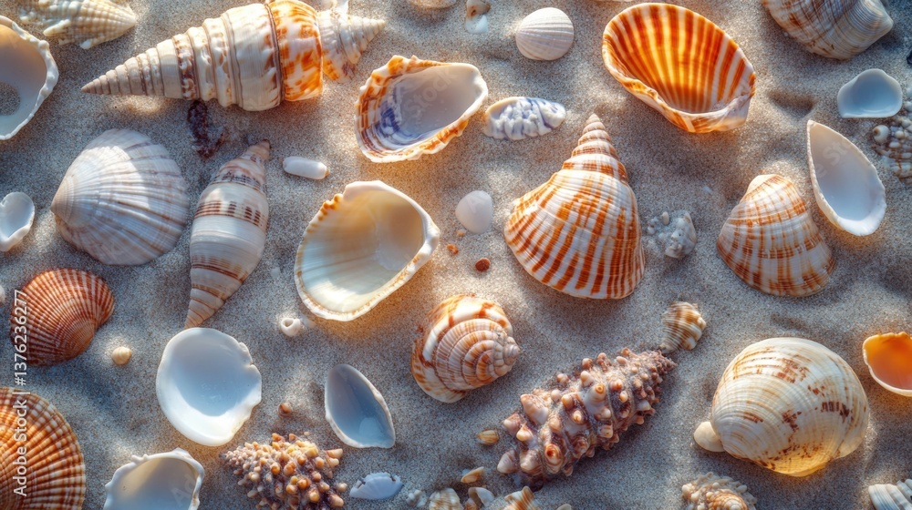 Poster a serene collection of various seashells displayed on soft sand, showcasing unique patterns and colo