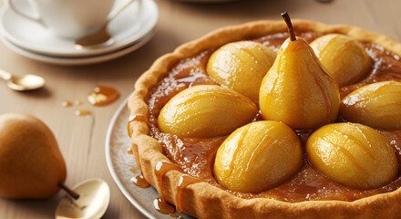Delicious golden pear tarte tatin drizzled with sweet caramel sauce, served elegantly