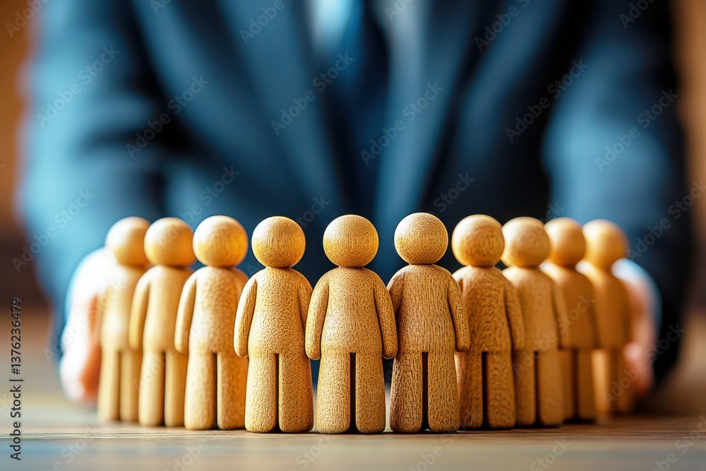 Poster wooden figurines representing teamwork and collaboration in a professional setting with a blurred bu