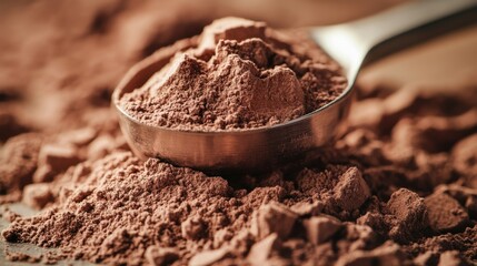 Chocolate protein powder pile with measuring spoon.