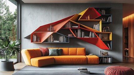 Artistic bookshelf with asymmetrical shelves and bold colors, blending function with modern design.  