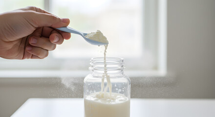 Preparing baby formula by mixing powder into a bottle for infant feeding