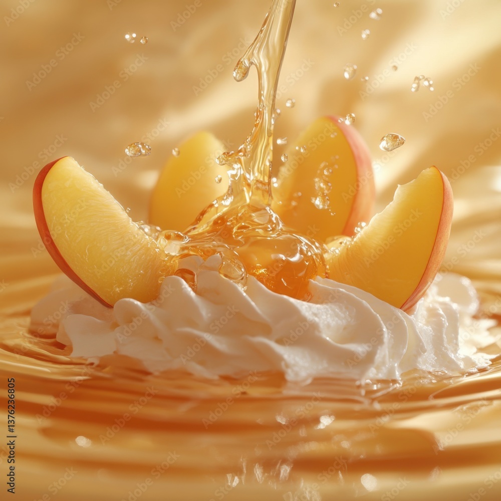 Poster fresh peach slices splash into creamy whipped topping, creating a refreshing and appetizing scene ag