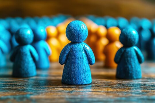 Colorful wooden figures representing community, diversity, and individuality standing out against a background of blue wooden figures in a symbolic gathering - Powered by Adobe