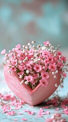 Heart-shaped Box Filled With Pink Flowers on Soft Background