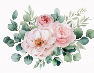 Fototapeta premium Watercolor floral illustration. Pink flowers and eucalyptus leaves