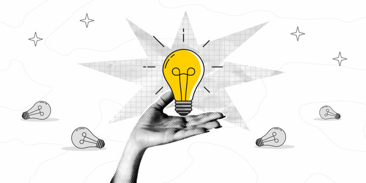 Collage banner with halftone hand holding light bulb. Extinct lightbulbs the ground and one glowing in hand. Concept of choosing successful idea from many failed ones. Collage style poster.