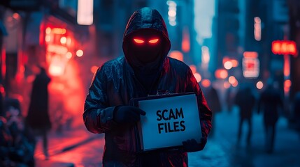 Mysterious hooded figure holding scam files briefcase, symbolizing online fraud, digital blackmail, and underground cybercrime in the dark web environment.  