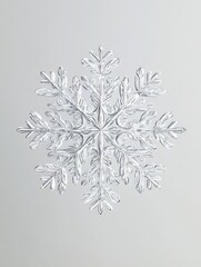 Intricate Snowflake Crystal - Close-up of a single, detailed snowflake crystal against a light gray background. Beautiful winter texture