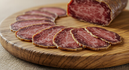 Obraz premium Artisanal cecina sliced on a rustic wood board showcasing premium cured beef
