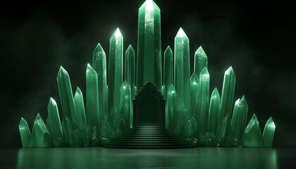 Emerald city gates shining in the dark with big crystals all around