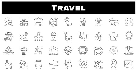 Travel icon set. Travel thin line vector icons . Travel, tour, tourism, vacation thin line icon collection. Editable stroke
