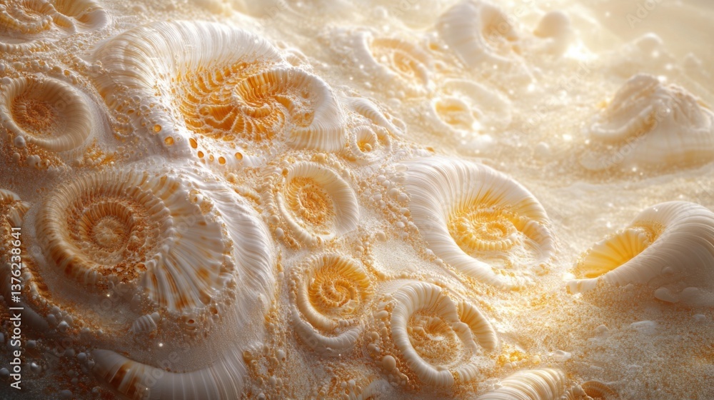 Poster a serene display of intricate seashells nestled in soft sand, illuminated by gentle light, creating 