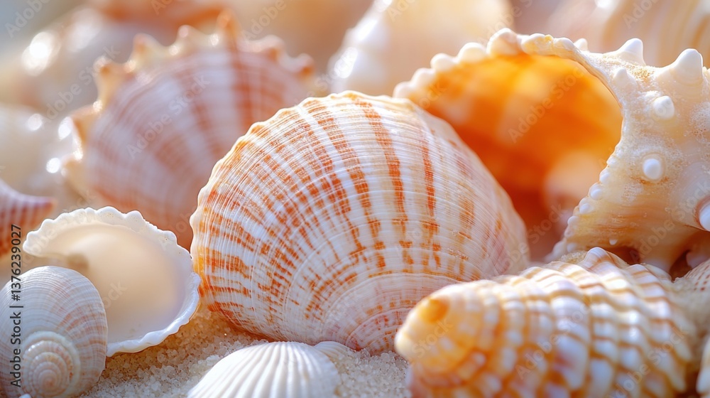 Poster a close-up view of various seashells resting on sand, showcasing their intricate textures and colors