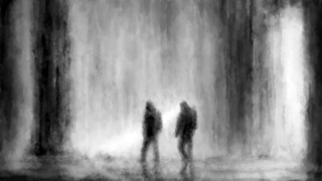 A journey into the dark past. Illustration in horror fantasy genre. Gloomy silhouettes of travelers. Coal and noise effect. Black and white background colors.