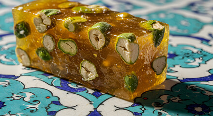 Delicious golden turkish delight with pistachios atop a patterned tile background