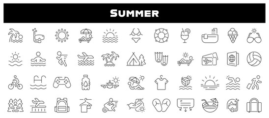 Summer icons collection. Summer vacation vector icons. Travel, beach, tourism, holidays, relax, summer related thin line icon collection. Editable stroke