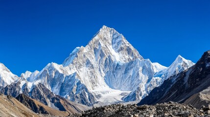 Majestic Himalayan Peak - Breathtaking view of a snow-capped mountain peak in the Himalayas, under a clear blue sky. Rugged terrain and glacial features are visible