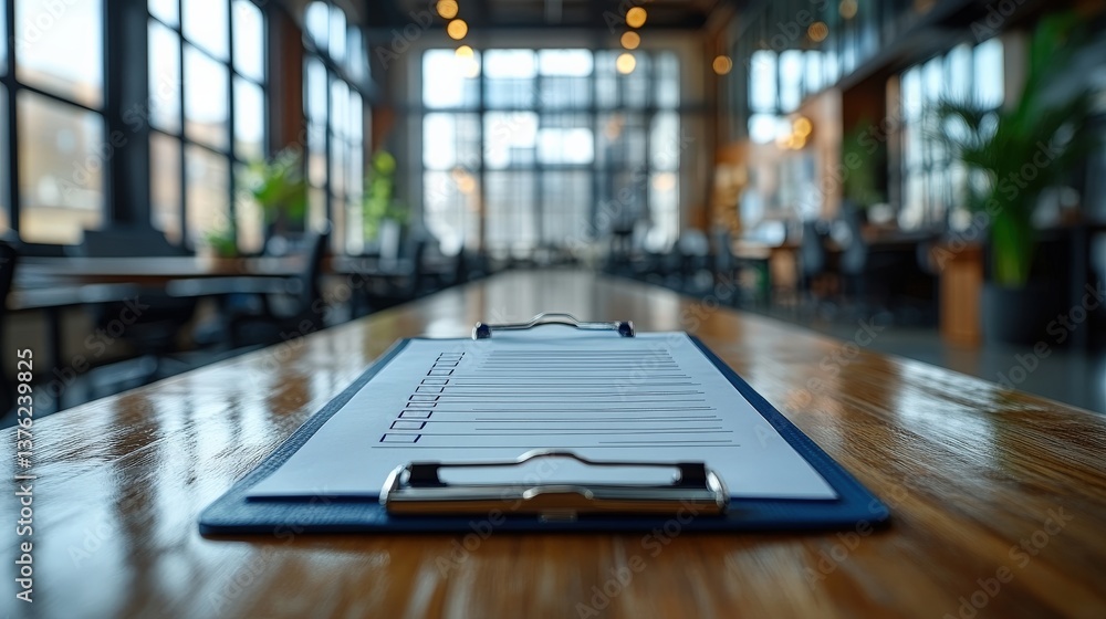 Poster a close-up of a clipboard with a blank checklist in a modern caf? with large windows and greenery