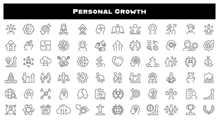 Personal growth vector icons. Career, progress, coaching, business people, training, professional, development, knowledge, personal growth related thin line icon collection. Editable stroke