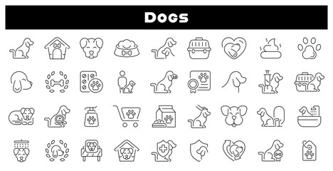 Dog vector icons. Dogs vector line icon set. Dog care icons. Dogs related thin line icon collection. Editable stroke
