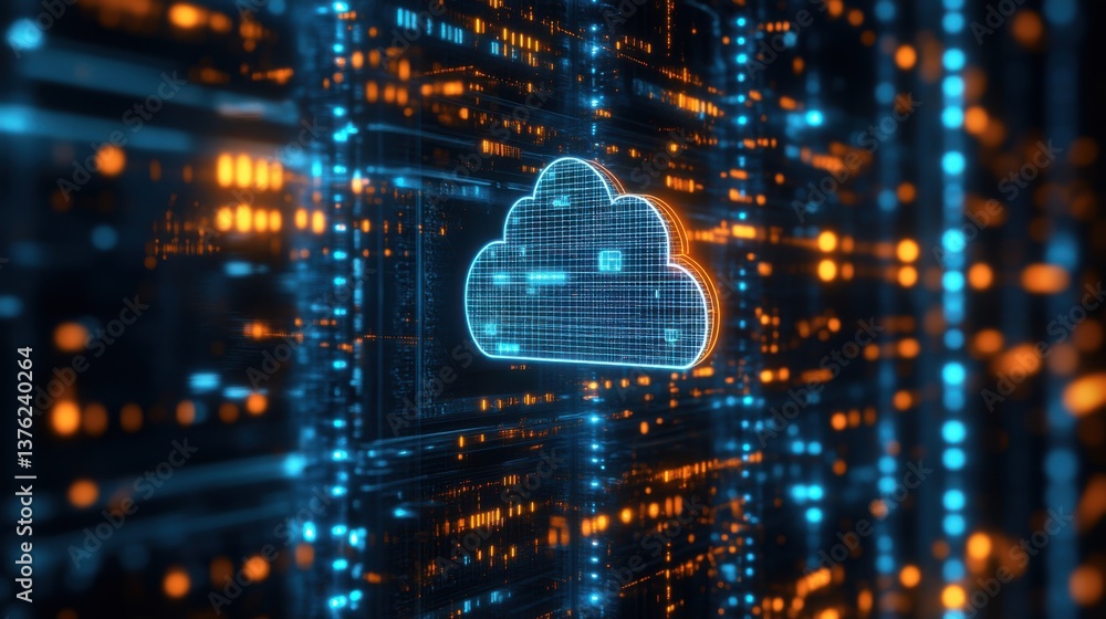 Poster a digital representation of a cloud icon amidst vibrant blue and orange data streams, symbolizing cl