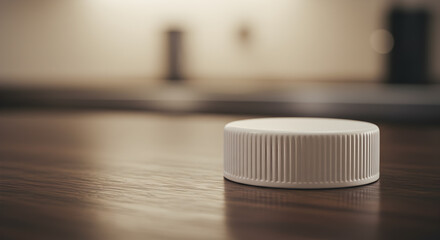 Minimalist composition featuring a pristine white bottle cap on a wooden table