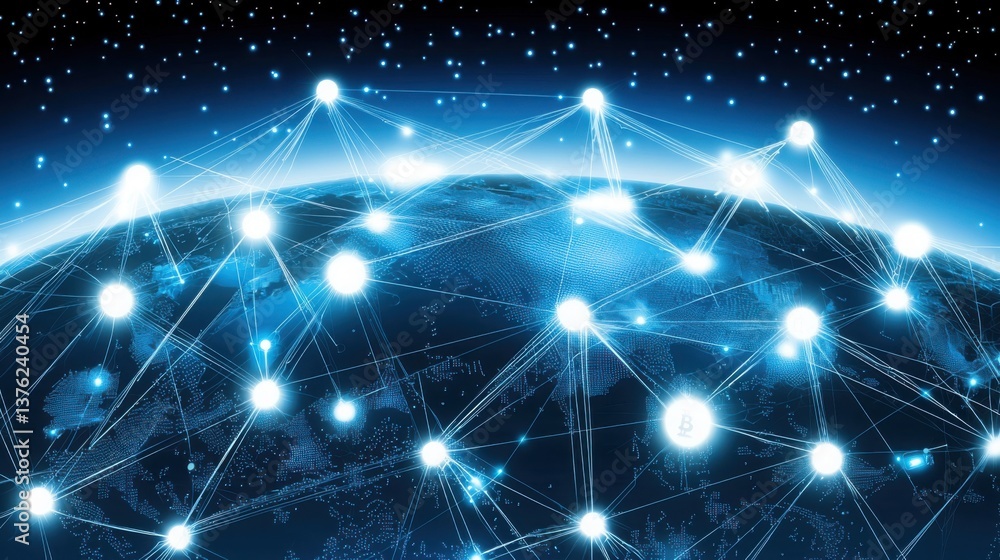 Poster 3d illustration of a globe with a network of connected dots representing global communication and da
