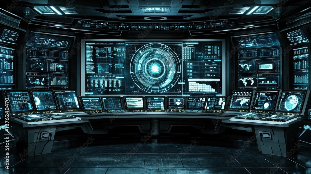 Poster high-tech computer room featuring multiple monitors and holographic projection charts for advanced d
