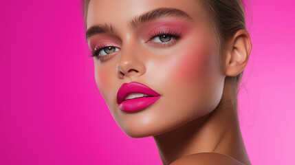 Fototapeta premium Model showing pink lipstick and makeup posing on pink background