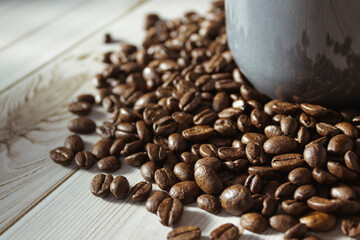 A cozy cup of coffee on a wooden table, with beans . A perfect scene for coffee lovers.