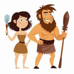 Primitive cave woman and man with spear. Prehistoric neanderthal  characters. Colorful vector illustration on white background